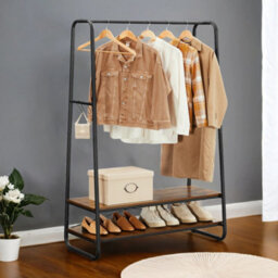 Songmics Clothes Rail With 2 Shelves, Clothes Rack , 6 S-Shaped Hooks, Steel Frame, For Bedroom, Rustic Brown And Black - thumbnail 4