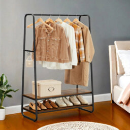 Songmics Clothes Rail With 2 Shelves, Clothes Rack , 6 S-Shaped Hooks, Steel Frame, For Bedroom, Rustic Brown And Black - thumbnail 2