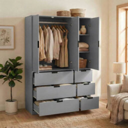 Urbn-Living Urbnliving Wooden 3 Door 6 Drawer Wardrobe Bedroom Storage Closet Shelves Hanging Rail Grey Unit - Grey Doors Drawers - thumbnail 4
