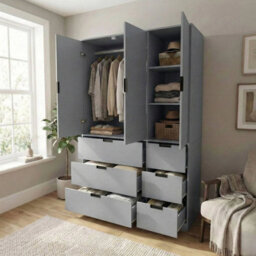 Urbn-Living Urbnliving Wooden 3 Door 6 Drawer Wardrobe Bedroom Storage Closet Shelves Hanging Rail Grey Unit - Grey Doors Drawers - thumbnail 5