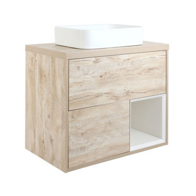 Homestylestore Light Oak 800mm Wall Hung Bathroom Vanity Unit Rectangular Chalk Countertop Basin Open Shelf - image 1