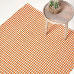 Homescapes Cotton Gingham Check Rug Hand Woven Orange White, 70 X 120 Cm - thumbnail 1