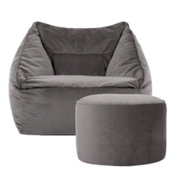 icon Natalia Velvet Adults Bean Bag Armchair And Pouffe, Ready Filled Large Beanbag And Footstool Charcoal Grey