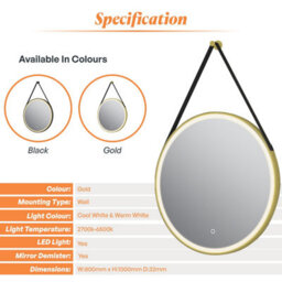 Plum&clay Janie Led Gold Circular Hanging Bathroom Mirror With Strap (H)1000mm (W)800mm - thumbnail 4