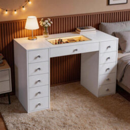 Fenchilin 11-Drawer Vanity Dressing Table With Rgb Led Lights 130X55X81Cm White Makeup Desk