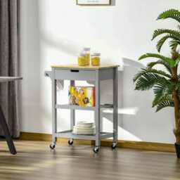 Homcom Kitchen Trolley Utility Cart On Wheels With Rubberwood Worktop Towel Rack - thumbnail 1