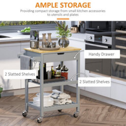 Homcom Kitchen Trolley Utility Cart On Wheels With Rubberwood Worktop Towel Rack - thumbnail 4