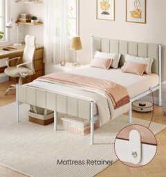 Vasagle Double Bed Frame, 135 X 190 Cm, With Upholstered Headboard, Metal Bed Frame, 500 Kg Weight Capacity - thumbnail 2