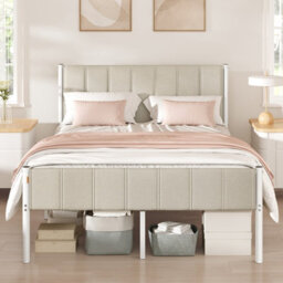 Vasagle Double Bed Frame, 135 X 190 Cm, With Upholstered Headboard, Metal Bed Frame, 500 Kg Weight Capacity - thumbnail 1