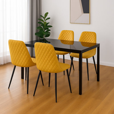 Kosy Koala Modern Black Glass Dining Table Set With 4 Mustard Faux Leather Gem Pattern Chairs Dining Room Set - image 1