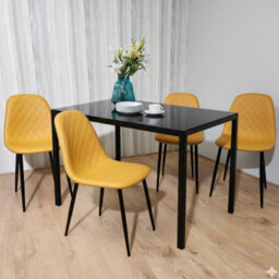 Kosy Koala Modern Black Glass Dining Table Set With 4 Mustard Faux Leather Gem Pattern Chairs Dining Room Set - thumbnail 2