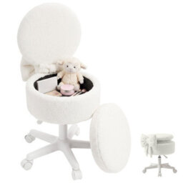 White Vanity Chair With Hidden Storage Foldable Backrest Converts To Footstool - thumbnail 1