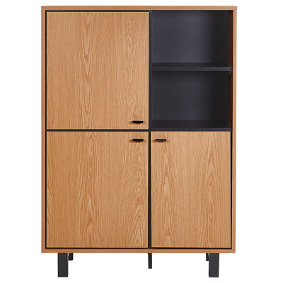 Beliani Home Retro Tall Sideboard Oak Finish With Black Legs, 3 Cabinets And 2 Open Shelves - W96 X D40 X H135 Cm - image 1