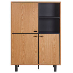 Beliani Home Retro Tall Sideboard Oak Finish With Black Legs, 3 Cabinets And 2 Open Shelves - W96 X D40 X H135 Cm - thumbnail 1