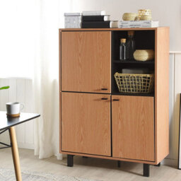 Beliani Home Retro Tall Sideboard Oak Finish With Black Legs, 3 Cabinets And 2 Open Shelves - W96 X D40 X H135 Cm - thumbnail 2