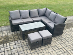 Fimous Rattan Garden Furniture Corner Sofa Set Outdoor Patio Sofa Table Set With 2 Small Footstools Dark Grey Mixed - thumbnail 2