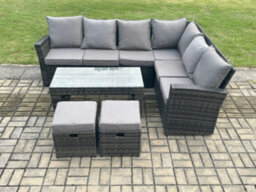 Fimous Rattan Garden Furniture Corner Sofa Set Outdoor Patio Sofa Table Set With 2 Small Footstools Dark Grey Mixed - thumbnail 1