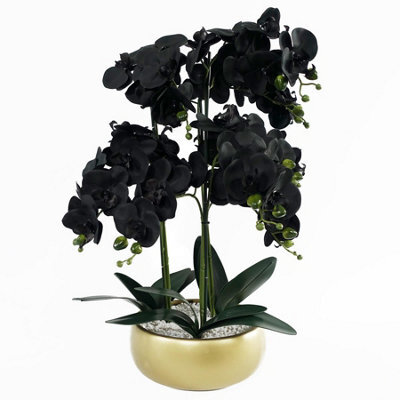 Leaf 60Cm Orchid Artificial Black - Gold Ceramic Planter - image 1