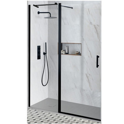 Homestylestore Black Reversible Recessed Hinged Door Shower Enclosure Light Grey Slate Effect Tray 1100 X 700mm - image 1