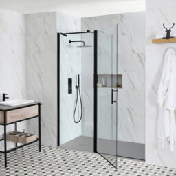Homestylestore Black Reversible Recessed Hinged Door Shower Enclosure Light Grey Slate Effect Tray 1100 X 700mm - thumbnail 2