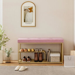 Shoe Storage Bench With Seat Cushion Tufted Shoe Rack Bench Pink - thumbnail 5