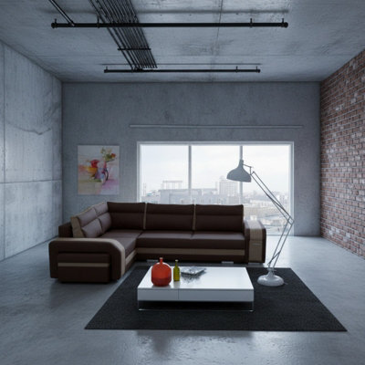 Assan Sectional Sofa With Ottoman Sleeping Function Dl Mechanism 2 Storage Bar Loose Cushions Brown And Beige Left Side - image 1