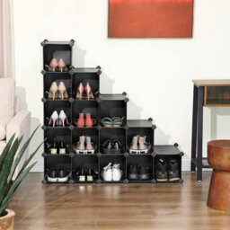 Songmics Interlocking Shoe Rack, Rectangular Storage Organiser, 15-Slot Modular Diy Storage Shelf Unit, Metal Wire Wardrobe, Black Lpc44Hv1 - thumbnail 1