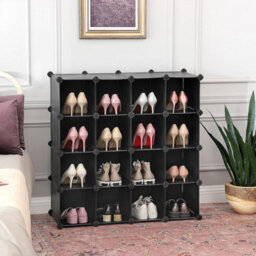 Songmics Interlocking Shoe Rack, Rectangular Storage Organiser, 15-Slot Modular Diy Storage Shelf Unit, Metal Wire Wardrobe, Black Lpc44Hv1 - thumbnail 2