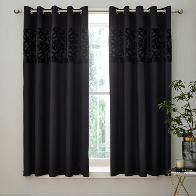Catherine Lansfield Lattice Cut Velvet 66X72 Inch Eyelet Curtains Two Panels Black - image 1