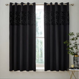 Catherine Lansfield Lattice Cut Velvet 66X72 Inch Eyelet Curtains Two Panels Black