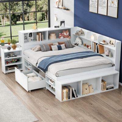 Double Bed-4Ft6(135X190Cm), Multifunctional Bed With Drawers, Bookcase And Storage Cupboard, Without Ma - image 1