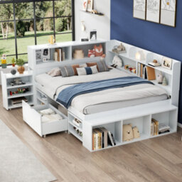 Double Bed-4Ft6(135X190Cm), Multifunctional Bed With Drawers, Bookcase And Storage Cupboard, Without Ma - thumbnail 1