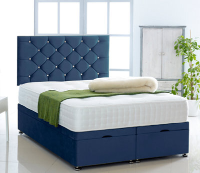 Comfy Deluxe Blue Plush Foot Lift Ottoman Bed With Memory Spring Mattress And Studded Headboard 6.0 Ft Super King - image 1