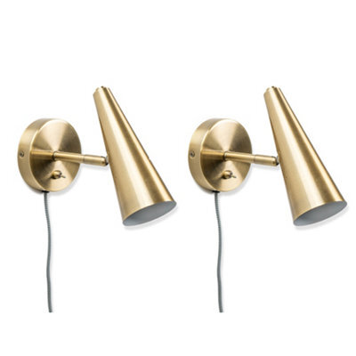Valuelights Pair Of - Plug In Brushed Antique Brass Cone Easy Fit Wall Lights With Adjustable Head - image 1