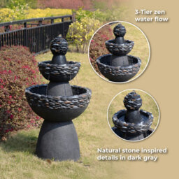 Teamson Home Garden Outdoor Water Feature, 3-Tier Pedestal Water Fountain, Dark Grey Stone Finish - thumbnail 9