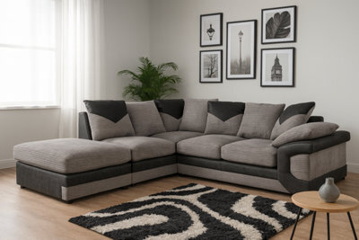 Eco Living Luca L Shape Corner Grey Jumbo Cord Sofa With A Modern Black Leather Trim - Left Hand Facing Chaise