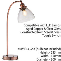 Industrial Curved Table Lamp Tarnished Copper & Glass Shade Modern Bedside Light - thumbnail 2