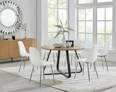 Furniturebox Uk Santorini Brown Round Round Dining Table And 6 White Corona Silver Leg Chairs - image 1