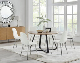 Furniturebox Uk Santorini Brown Round Round Dining Table And 6 White Corona Silver Leg Chairs - thumbnail 1