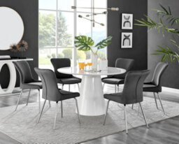 Furniturebox Uk Palma White High Gloss Round Dining Table & 6 Dark Grey Nora Silver Leg Chairs - thumbnail 1