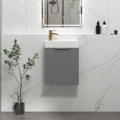 Royal Bathrooms Royal Bathroom Como 400mm Wall Hung Cloakroom Vanity Unit Ceramic Basin Sink 1 Door Indigo Grey Gloss With Brushed Brass Handle - image 1