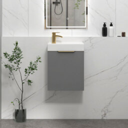 Royal Bathrooms Royal Bathroom Como 400mm Wall Hung Cloakroom Vanity Unit Ceramic Basin Sink 1 Door Indigo Grey Gloss With Brushed Brass Handle - thumbnail 1