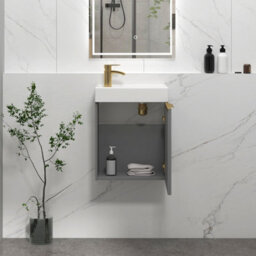 Royal Bathrooms Royal Bathroom Como 400mm Wall Hung Cloakroom Vanity Unit Ceramic Basin Sink 1 Door Indigo Grey Gloss With Brushed Brass Handle - thumbnail 5