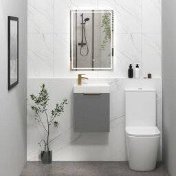 Royal Bathrooms Royal Bathroom Como 400mm Wall Hung Cloakroom Vanity Unit Ceramic Basin Sink 1 Door Indigo Grey Gloss With Brushed Brass Handle - thumbnail 4