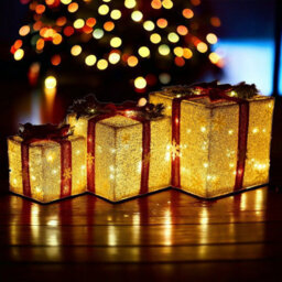 Urbn-Living Urbnliving Height 25Cm 3 Piece Gold Light Up Led Gift Box Christmas Decorations Fireplace Display Xmas Decor - thumbnail 2