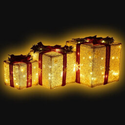 Urbn-Living Urbnliving Height 25Cm 3 Piece Gold Light Up Led Gift Box Christmas Decorations Fireplace Display Xmas Decor - thumbnail 5