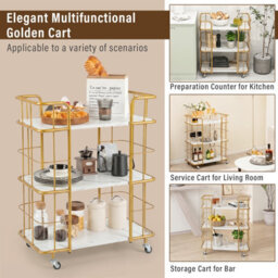 Costway Buffet Serving Cart 3 Tier Rolling Bar Cart With White Faux Marble Shelves & Golden Metal Frame White - thumbnail 9