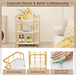 Costway Buffet Serving Cart 3 Tier Rolling Bar Cart With White Faux Marble Shelves & Golden Metal Frame White - thumbnail 8