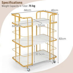 Costway Buffet Serving Cart 3 Tier Rolling Bar Cart With White Faux Marble Shelves & Golden Metal Frame White - thumbnail 2