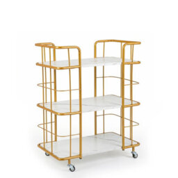Costway Buffet Serving Cart 3 Tier Rolling Bar Cart With White Faux Marble Shelves & Golden Metal Frame White - thumbnail 1